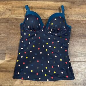 Boden 36C Navy Polka Dot Tankini Top Padded Cups Adjustable Whimsical Beach READ